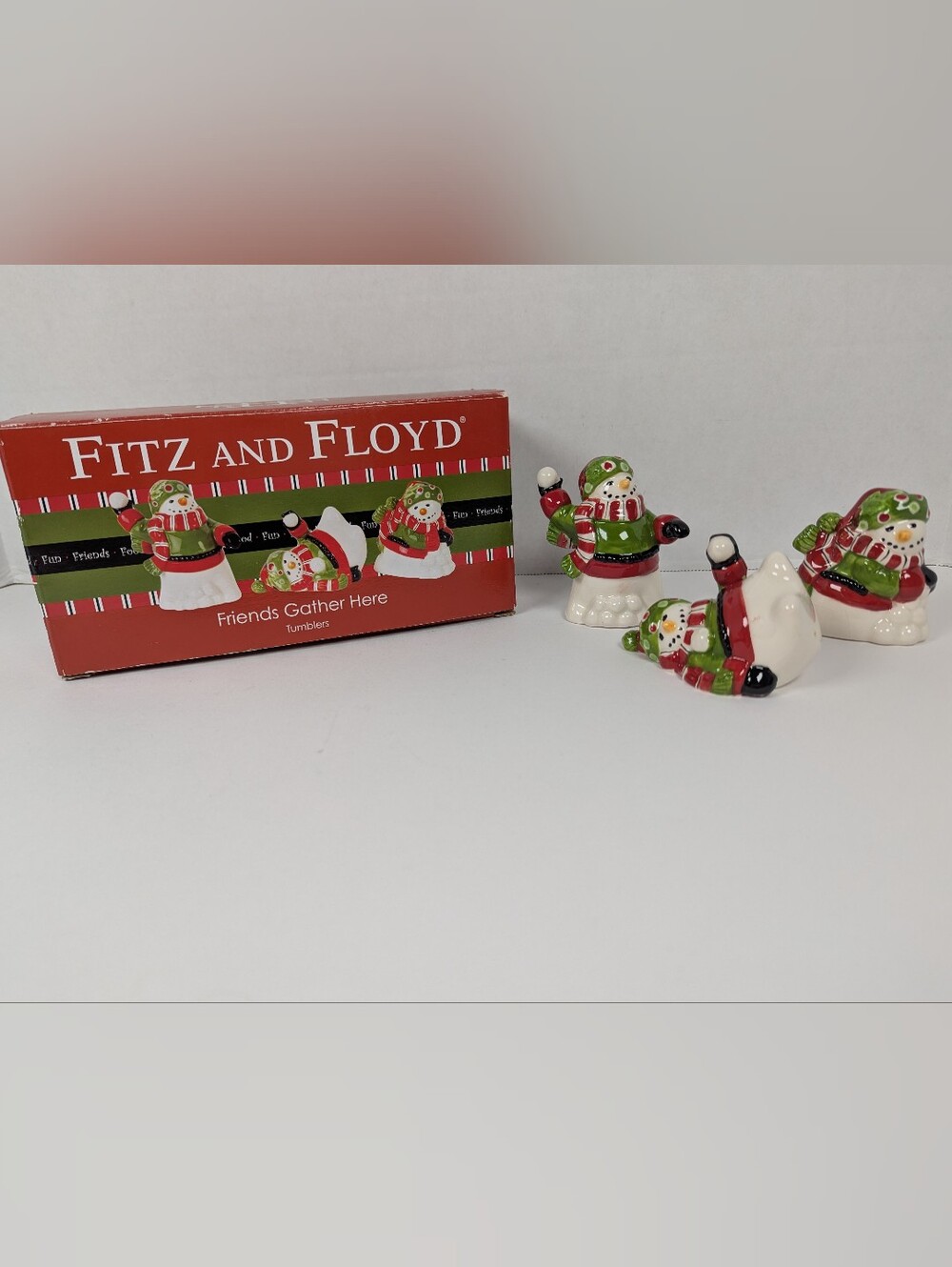 Fitz & Floyd Friends Gather Here Snowman Tumblers Set of 3 w/ Box Crazing